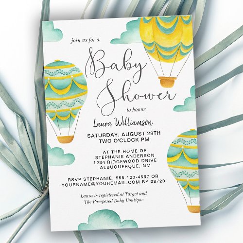 Yellow and Aqua Hot Air Balloons Baby Shower Invitation