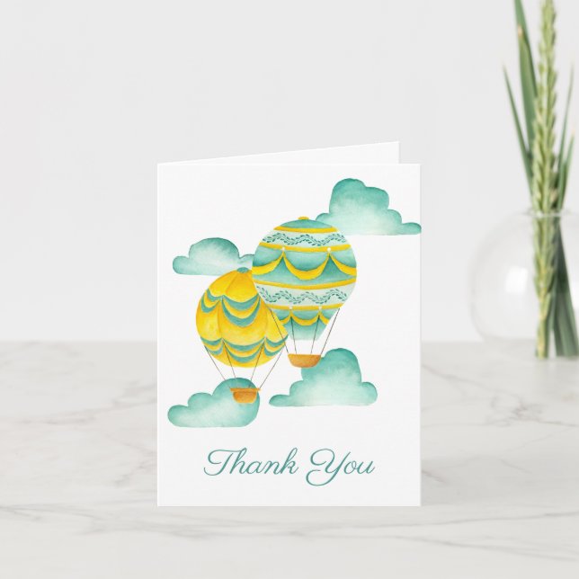 Yellow and Aqua Hot Air Balloons Thank You Card (Front)
