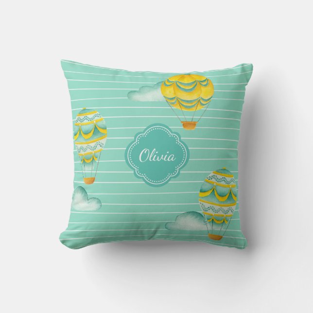 Yellow and Aqua Hot Air Balloons with Child's Name Throw Pillow (Front)