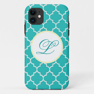 Yellow and Aqua Monogram Quatrefoil iPhone 11 Case