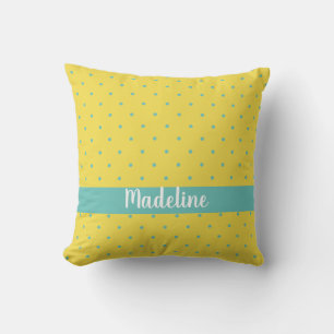 Yellow and Aqua Polka Dots Custom Name Throw Pillow