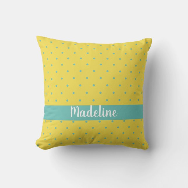 Yellow and Aqua Polka Dots Custom Name Throw Pillow (Front)