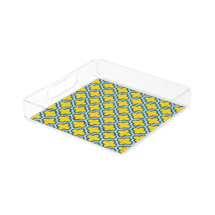 Yellow and Baby Blue Trellis, Lattice, Quatrefoil Acrylic Tray