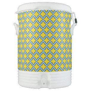 Yellow and Baby Blue Trellis, Lattice, Quatrefoil Beverage Cooler