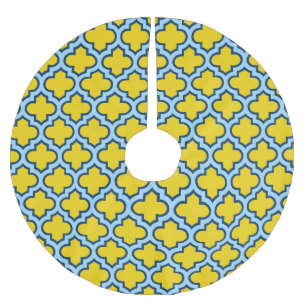 Yellow and Baby Blue Trellis, Lattice, Quatrefoil Brushed Polyester Tree Skirt