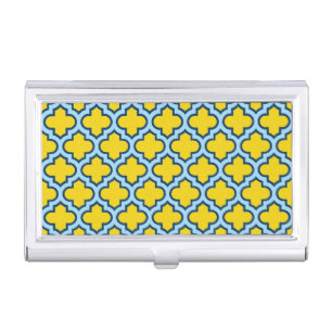 Yellow and Baby Blue Trellis, Lattice, Quatrefoil Business Card Case