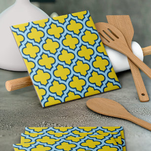 Yellow and Baby Blue Trellis, Lattice, Quatrefoil Ceramic Tile