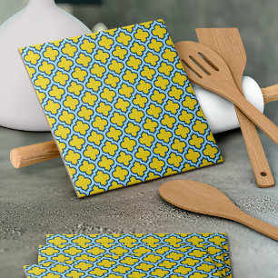 Yellow and Baby Blue Trellis, Lattice, Quatrefoil Ceramic Tile