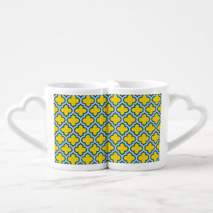 Yellow and Baby Blue Trellis, Lattice, Quatrefoil Coffee Mug Set