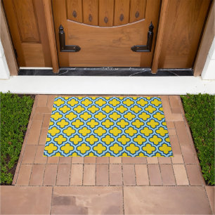 Yellow and Baby Blue Trellis, Lattice, Quatrefoil Doormat