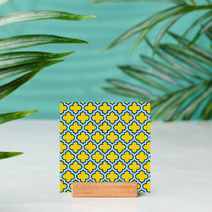 Yellow and Baby Blue Trellis, Lattice, Quatrefoil Holder