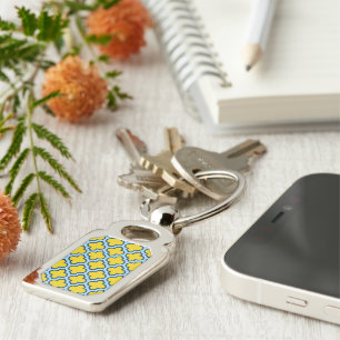 Yellow and Baby Blue Trellis, Lattice, Quatrefoil Keychain
