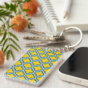 Yellow and Baby Blue Trellis, Lattice, Quatrefoil Keychain