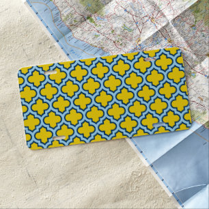 Yellow and Baby Blue Trellis, Lattice, Quatrefoil License Plate