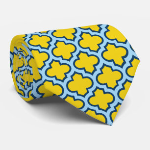 Yellow and Baby Blue Trellis, Lattice, Quatrefoil Neck Tie