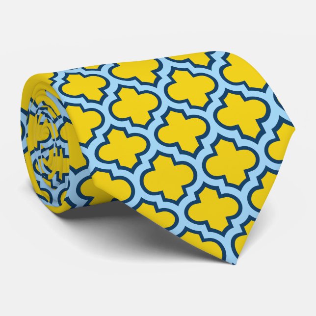 Yellow and Baby Blue Trellis, Lattice, Quatrefoil Neck Tie (Rolled)