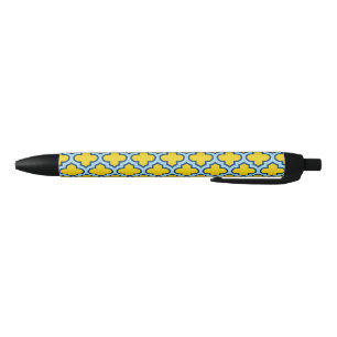 Yellow and Baby Blue Trellis, Lattice, Quatrefoil Pen