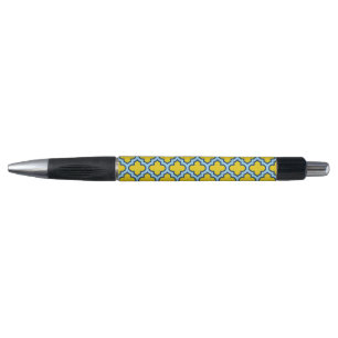 Yellow and Baby Blue Trellis, Lattice, Quatrefoil Pen