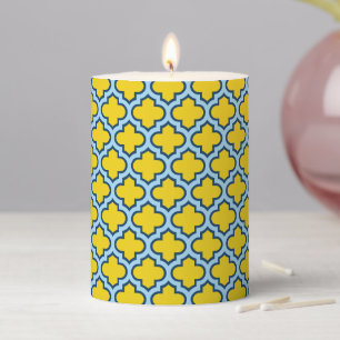 Yellow and Baby Blue Trellis, Lattice, Quatrefoil Pillar Candle