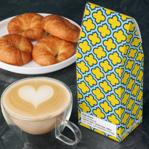 Yellow and Baby Blue Trellis, Lattice, Quatrefoil Roasted Coffee