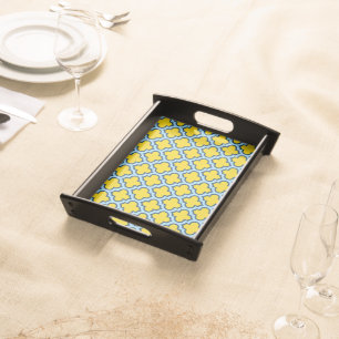 Yellow and Baby Blue Trellis, Lattice, Quatrefoil Serving Tray