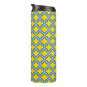 Yellow and Baby Blue Trellis, Lattice, Quatrefoil Thermal Tumbler