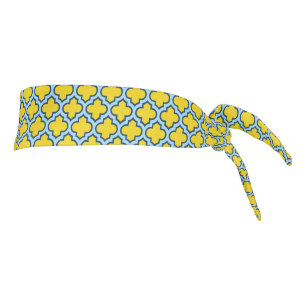 Yellow and Baby Blue Trellis, Lattice, Quatrefoil Tie Headband