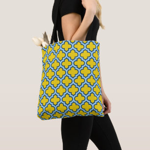 Yellow and Baby Blue Trellis, Lattice, Quatrefoil Tote Bag