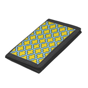 Yellow and Baby Blue Trellis, Lattice, Quatrefoil Tri-fold Wallet