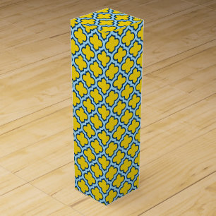 Yellow and Baby Blue Trellis, Lattice, Quatrefoil Wine Box