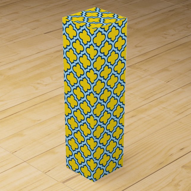 Yellow and Baby Blue Trellis, Lattice, Quatrefoil Wine Box (Front)