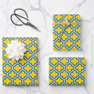 Yellow and Baby Blue Trellis, Lattice, Quatrefoil Wrapping Paper Sheets