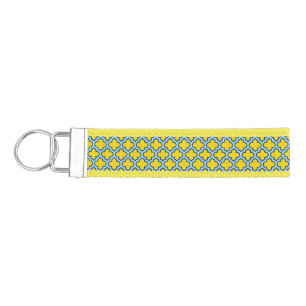 Yellow and Baby Blue Trellis, Lattice, Quatrefoil Wrist Keychain