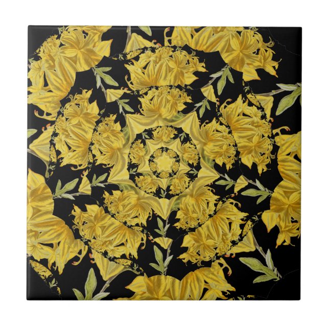 Yellow and black Azalea fractal art Ceramic Tile (Front)