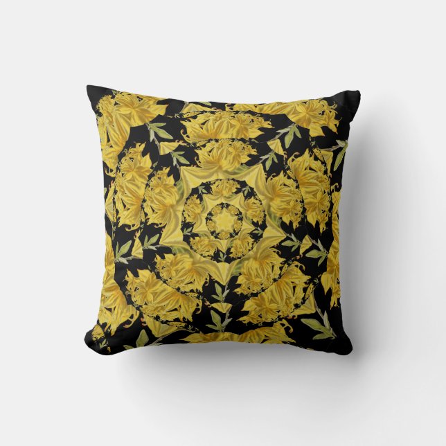 Yellow and black Azalea fractal art Throw Pillow (Front)