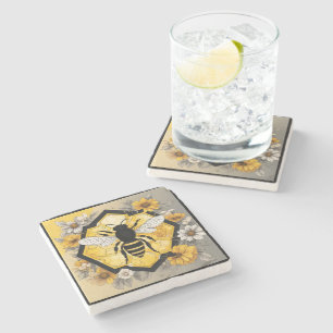 Yellow and Black Bee on Honeycombe Stone Coaster