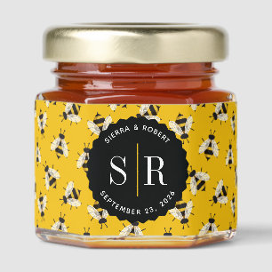 Yellow and Black Bee Patterned Monogram with Date Honey Jar Favors