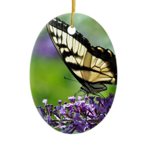 Yellow and Black Butterfly on Lavender Ceramic Ornament