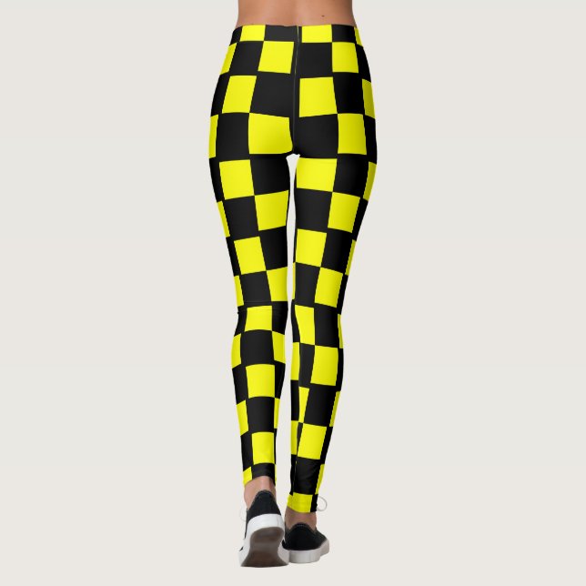 Yellow and Black Checkerboard Squares Leggings (Back)