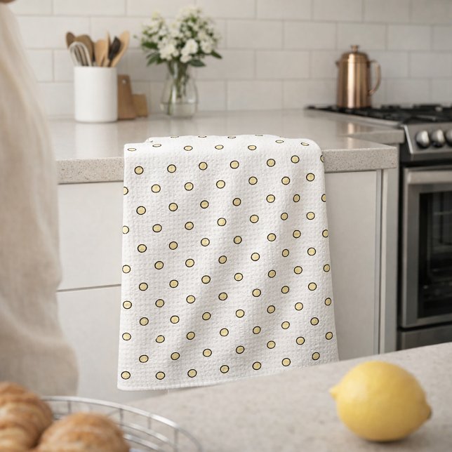 Yellow and Black Circle Pattern Kitchen Towel (A kitchen towel with a pattern of yellow and black dots)