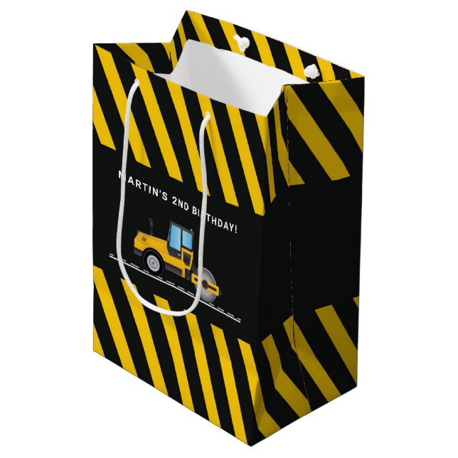 Yellow and Black Construction Birthday Favors Medium Gift Bag (Front Angled)