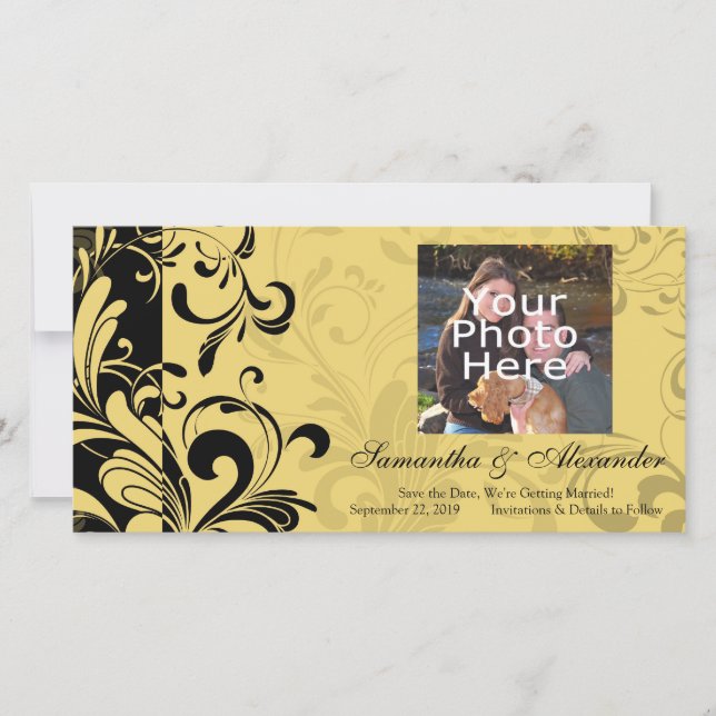 Yellow and Black Contemporary Swirl Save The Date (Front)