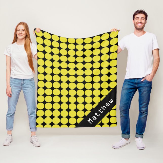 Yellow and Black Custom Name Polka Dots Fleece Blanket (In Situ)