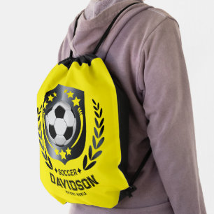 Yellow and Black Custom Soccer Name Gift Drawstring Bag