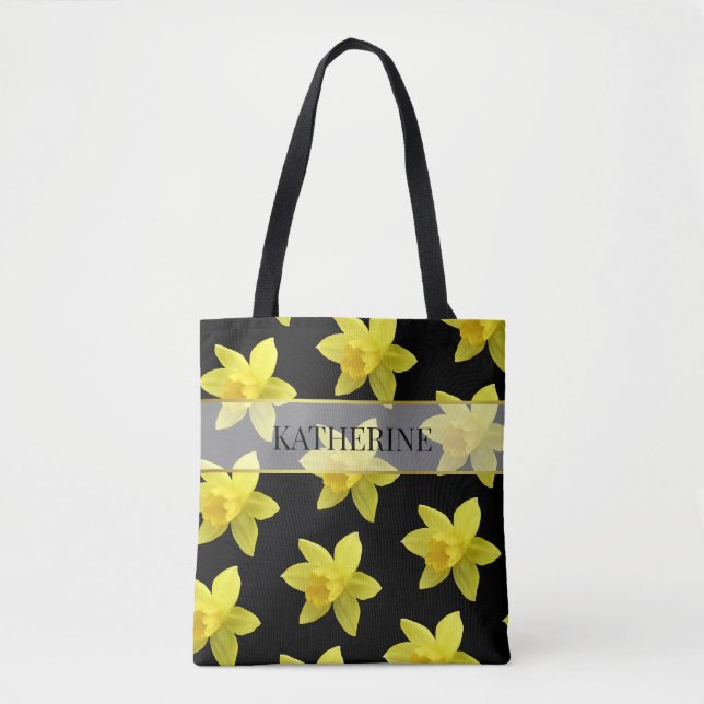 Yellow and Black Daffodil Pattern Personalized Tote Bag (Front)