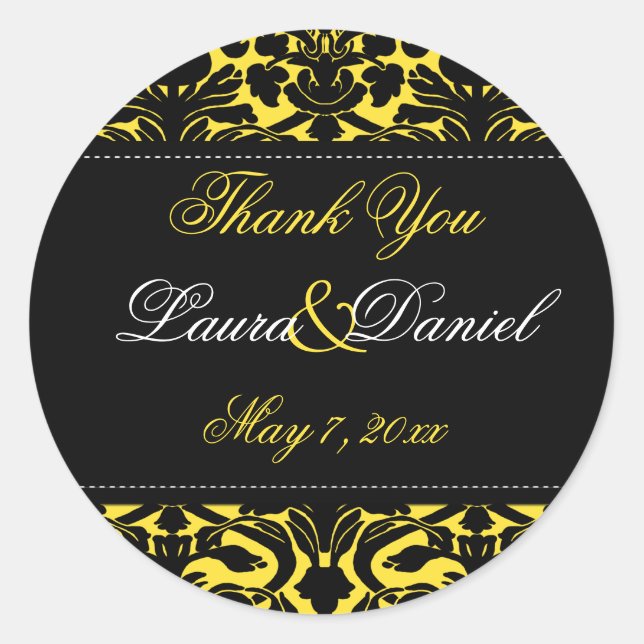 Yellow and Black Damask 1.5" Thank You Sticker (Front)