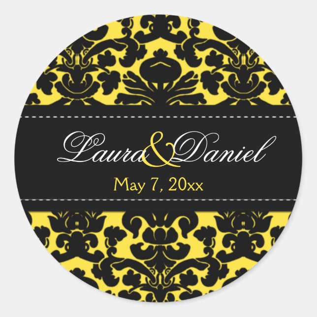 Yellow and Black Damask 1.5" Wedding Sticker (Front)