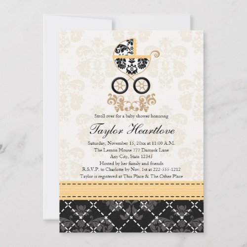 YELLOW AND BLACK DAMASK BABY CARRIAGE BABY SHOWER INVITATION