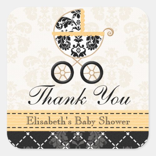 YELLOW and Black Damask Baby Carriage Thank You Square Sticker