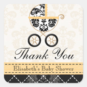 YELLOW and Black Damask Baby Carriage Thank You Square Sticker